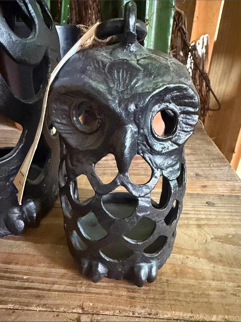 Pottery Barn Black Cast Iron Great  Owl 🦉 Pierced Lantern Trio RARE